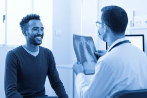 Immagine fotorealistica di un paziente etiope sorridente che riceve i risultati di una radiografia da un operatore sanitario in un ospedale pubblico. L'ambiente è luminoso e moderno, simboleggiando l'impatto positivo della teleradiologia. Ritratto con obiettivo 35mm, luce calda, effetto duotone blu e bianco per un tocco emotivo.