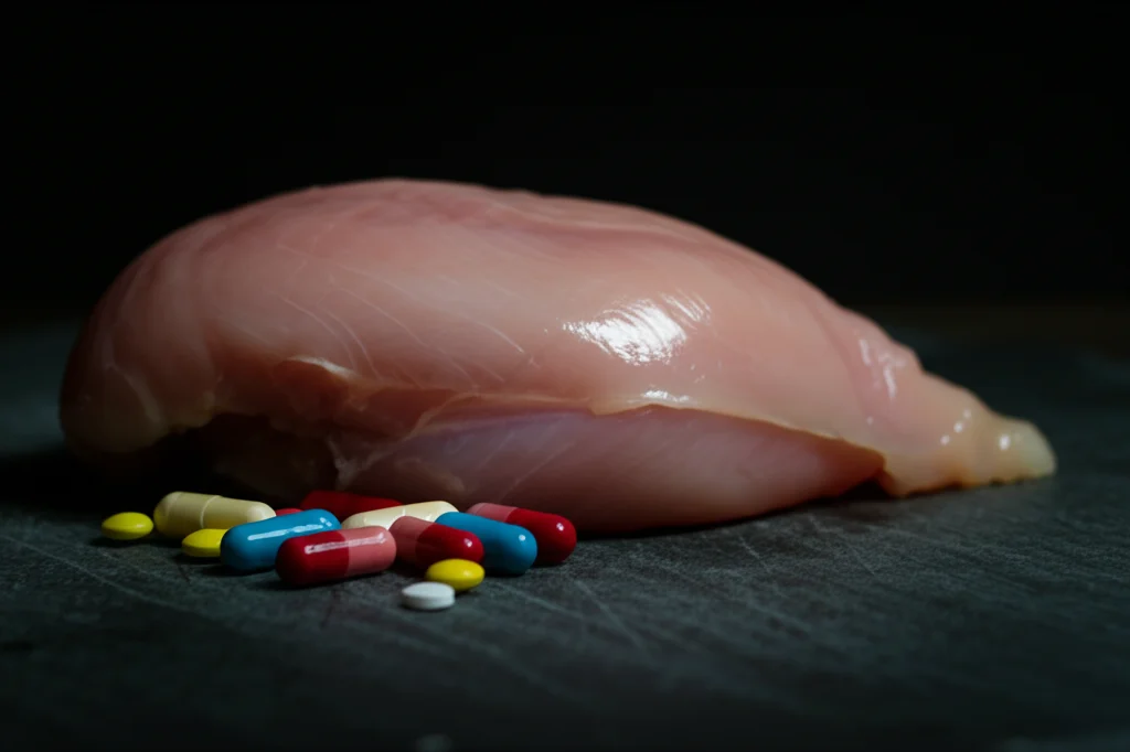 Primo piano di una fetta di petto di pollo crudo su un tagliere scuro, accanto a diverse capsule e pillole di antibiotici sparse, illuminazione drammatica laterale che crea ombre profonde, obiettivo macro 70mm, alta definizione, focus selettivo sulla texture della carne e sulle pillole colorate.