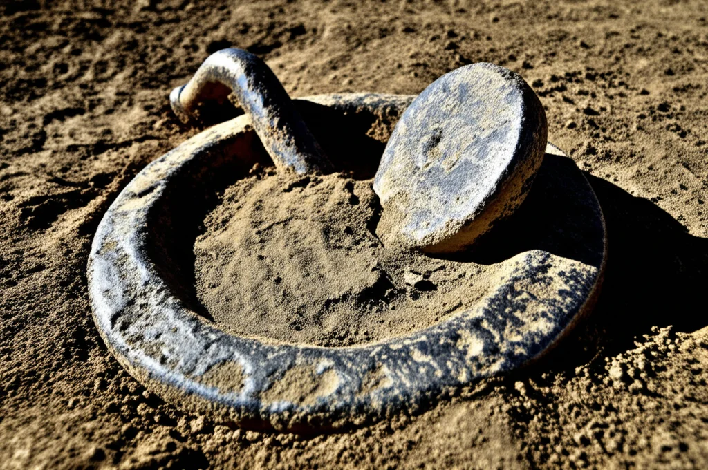 Primo piano di un'ancora circolare metallica parzialmente infissa in un terreno misto sabbioso-argilloso, con evidenti segni di stress sul terreno circostante. Luce laterale drammatica che evidenzia la texture del suolo e del metallo. Macro lens, 100mm, high detail, controlled lighting.