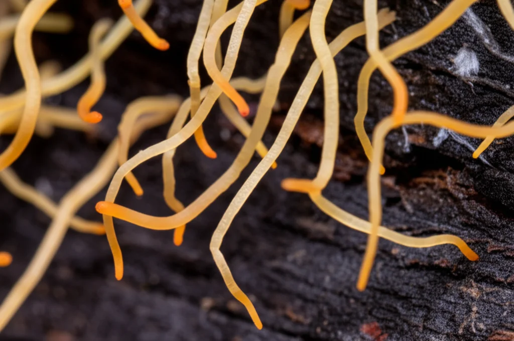 Primo piano macro di rizomorfe filamentose del fungo Armillaria gallica che si sviluppano su un substrato legnoso scuro. Illuminazione controllata per evidenziare la texture delicata e i dettagli delle strutture fungine, obiettivo macro 105mm, alta definizione, messa a fuoco precisa sulle punte in crescita.