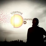 Composizione artistica con una silhouette di persona che guarda verso un sole stilizzato (Vitamina D) e particelle rosse fluttuanti (CRP/infiammazione), concetto di salute e rischio nei sopravvissuti al cancro, fotografia concettuale, lente 35mm, toni caldi e freddi duotone