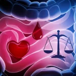 Illustrazione concettuale che mostra la sovrapposizione tra i simboli della sindrome metabolica (cuore, bilancia, goccia di sangue) e un'immagine stilizzata dell'intestino infiammato, prime lens 35mm, depth of field, illuminazione drammatica, colori caldi e freddi in duotone (rosso e blu).