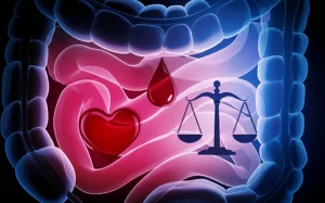 Illustrazione concettuale che mostra la sovrapposizione tra i simboli della sindrome metabolica (cuore, bilancia, goccia di sangue) e un'immagine stilizzata dell'intestino infiammato, prime lens 35mm, depth of field, illuminazione drammatica, colori caldi e freddi in duotone (rosso e blu).