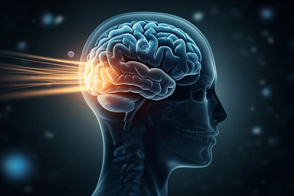 Immagine concettuale astratta che rappresenta la sinergia tra radioterapia (fasci di luce concentrici) e terapia CAR-T (cellule immunitarie stilizzate che attaccano cellule tumorali bluastre) all'interno di una silhouette del cervello umano, stile fotorealistico, illuminazione drammatica con contrasti netti, prime lens, 35mm, depth of field, colori dominanti blu e oro.