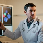 Immagine concettuale fotorealistica divisa verticalmente: a sinistra, una sezione di un'immagine SPECT/CT ad alta risoluzione che mostra sfere colorate (simulazione di captazione di 177Lu) di diverse dimensioni su uno sfondo più scuro; a destra, un medico dall'aspetto rassicurante indica l'immagine su uno schermo a un paziente attento. Obiettivo prime 50mm. Dettagli: Profondità di campo che sfoca leggermente lo sfondo dietro medico e paziente, illuminazione calda e controllata sulla parte destra, illuminazione più clinica e neutra sulla parte sinistra dell'immagine dello scan.