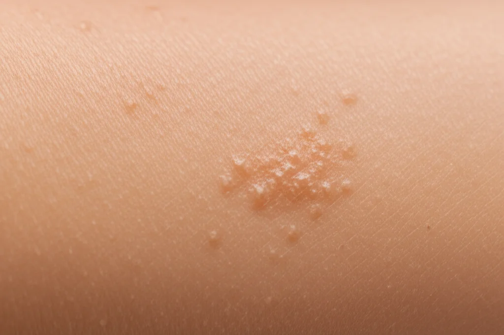 Immagine fotorealistica, obiettivo macro 100mm, alta definizione, messa a fuoco precisa, illuminazione morbida controllata, che mostra un primo piano della texture di pelle sana e idratata che passa dolcemente a pelle con lievi segni di eczema lenita da una delicata applicazione di crema emolliente bianca.