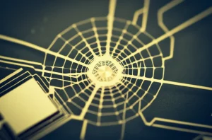 Macro fotografia ad alta definizione di un chip MEMS giroscopio a risonatore a disco con struttura a ragnatela. L'illuminazione controllata evidenzia i dettagli micro-meccanici complessi e le sottili connessioni. Obiettivo macro 100mm, messa a fuoco precisa, sfondo leggermente sfocato per enfatizzare il chip.