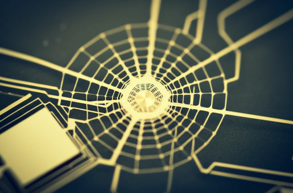 Macro fotografia ad alta definizione di un chip MEMS giroscopio a risonatore a disco con struttura a ragnatela. L'illuminazione controllata evidenzia i dettagli micro-meccanici complessi e le sottili connessioni. Obiettivo macro 100mm, messa a fuoco precisa, sfondo leggermente sfocato per enfatizzare il chip.