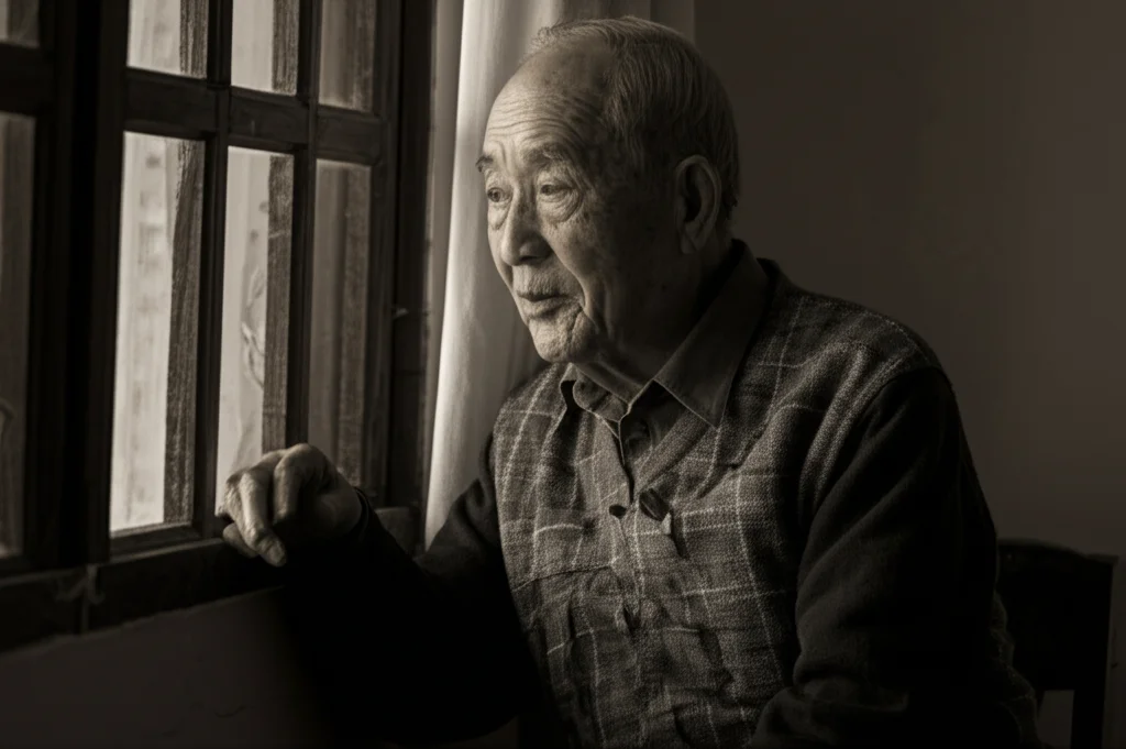 Ritratto fotografico di un uomo anziano cinese, circa 70 anni, seduto vicino a una finestra con luce soffusa, sguardo pensieroso ma sereno; prime lens 35mm, profondità di campo, tonalità duotone seppia e grigio.