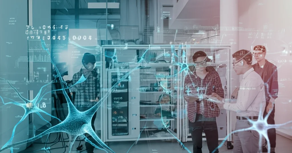 Visualizzazione artistica di dati digitali che fluiscono in una rete neurale complessa sovrapposta a un'immagine di studenti di ingegneria in un laboratorio moderno, obiettivo prime 50mm, profondità di campo, colori vibranti high-tech, simboleggiando l'integrazione tra AI e didattica pratica.