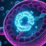 Visualizzazione scientifica fotorealistica dell'interazione chiave nel cancro al polmone: l'RNA circolare hsa_circ_0072088 (struttura ad anello tridimensionale luminescente) che agisce come una 'spugna' legando il microRNA miR-1270 (piccole molecole brillanti), impedendogli di regolare il gene TOP2A (rappresentato come un filamento di DNA/RNA bersaglio). Il tutto ambientato all'interno di una sezione trasversale stilizzata di una cellula tumorale polmonare, con organelli sfocati sullo sfondo. Illuminazione drammatica focalizzata sull'asse molecolare, obiettivo macro 105mm, alta definizione, colori duotone (es. ciano e magenta) per evidenziare le diverse molecole.