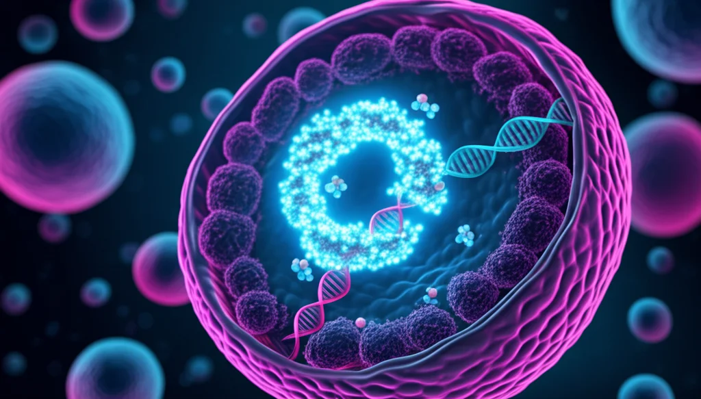 Visualizzazione scientifica fotorealistica dell'interazione chiave nel cancro al polmone: l'RNA circolare hsa_circ_0072088 (struttura ad anello tridimensionale luminescente) che agisce come una 'spugna' legando il microRNA miR-1270 (piccole molecole brillanti), impedendogli di regolare il gene TOP2A (rappresentato come un filamento di DNA/RNA bersaglio). Il tutto ambientato all'interno di una sezione trasversale stilizzata di una cellula tumorale polmonare, con organelli sfocati sullo sfondo. Illuminazione drammatica focalizzata sull'asse molecolare, obiettivo macro 105mm, alta definizione, colori duotone (es. ciano e magenta) per evidenziare le diverse molecole.