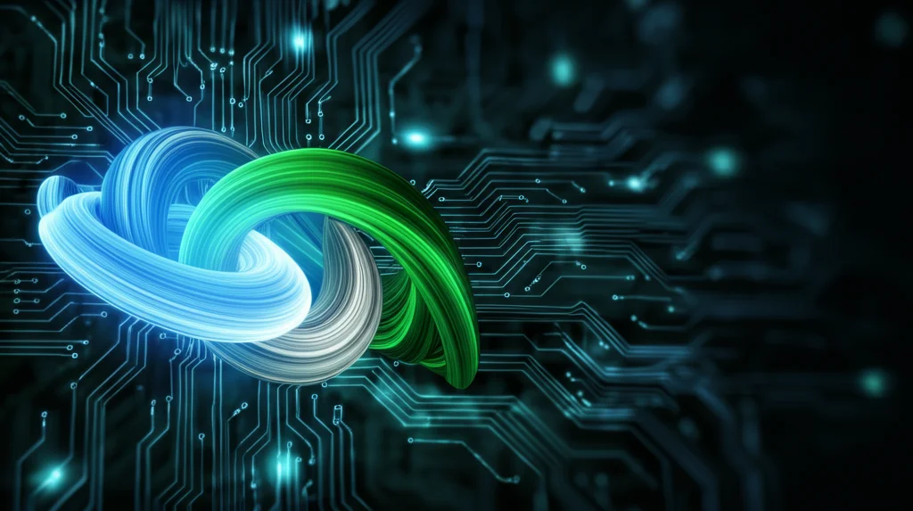 Fotografia astratta concettuale che simboleggia la Tripla Elica dell'innovazione: tre spirali luminose e dinamiche (una blu brillante per l'università, una verde smeraldo per l'industria, una grigio argento per il governo) si intrecciano elegantemente su uno sfondo scuro e tecnologico con accenni di circuiti. Obiettivo prime 35mm, profondità di campo ridotta per focalizzare sull'intreccio centrale, illuminazione drammatica che esalta i colori e le forme delle spirali.