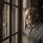 Fotografia di ritratto, obiettivo 35mm, un anziano signore guarda fuori dalla finestra della sua casa con un'espressione serena ma pensierosa, luce morbida del mattino, profondità di campo che sfoca leggermente l'esterno, duotono seppia e grigio.