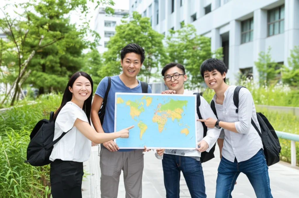 Gruppo diversificato di studenti universitari giapponesi e internazionali che sorridono e interagiscono in un campus moderno e verde in Giappone, con alcuni che indicano una mappa del mondo. Fotografia realistica, obiettivo 35mm, luce diurna naturale, colori vivaci.