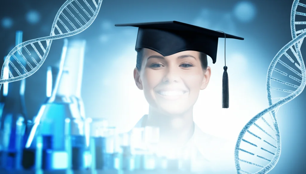 Immagine concettuale che illustra il legame tra istruzione e salute orale: un cappello da laurea stilizzato sovrapposto a un sorriso sano e luminoso, sfondo sfocato con elementi scientifici come doppie eliche di DNA, obiettivo 50mm, luce morbida e positiva.
