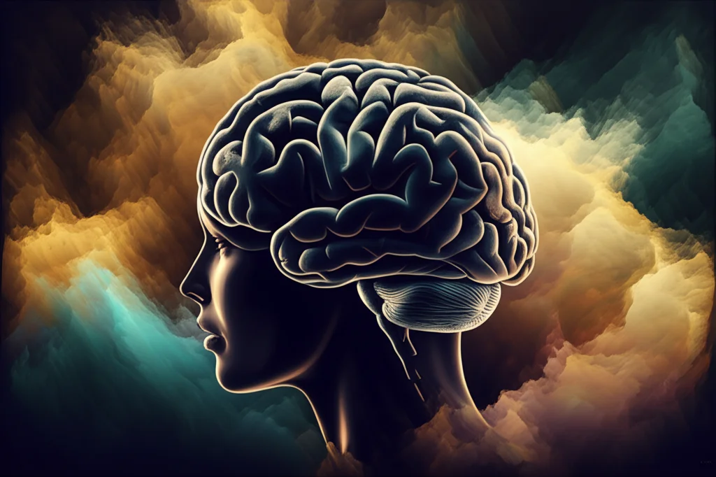 Immagine concettuale che mostra la silhouette di un cervello adolescenziale sovrapposta a forme astratte e colorate rappresentanti sostanze psichedeliche e tratti di personalità. Stile macro 80mm, alta definizione, illuminazione drammatica laterale per creare contrasto e profondità, evocando la complessità dell'interazione tra mente, sostanze e carattere individuale.