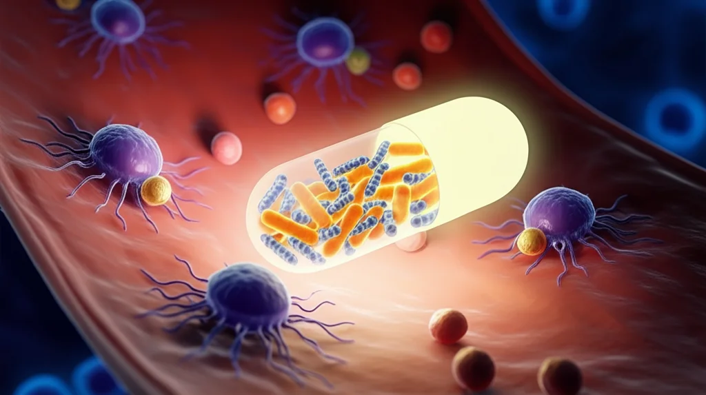 Immagine concettuale fotorealistica: una capsula probiotica luminosa (Glory LP16) che rilascia batteri benefici Lacticaseibacillus paracasei all'interno di un intestino stilizzato, circondata da cellule immunitarie attivate (linfociti, macrofagi). Obiettivo macro 70mm, alta definizione, illuminazione drammatica e controllata che enfatizza la capsula, focus sui dettagli dei batteri e delle cellule immunitarie.