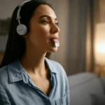 Immagine fotorealistica del dispositivo Lenire in uso: una persona indossa le cuffie Bluetooth e ha il Tonguetip in bocca (visibile discretamente), con un'espressione serena e concentrata sul trattamento. Luce soffusa e calda, obiettivo prime 50mm, profondità di campo media per mettere a fuoco il dispositivo e il viso della persona, sfondo di un ambiente domestico confortevole leggermente sfocato.