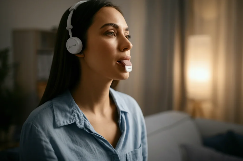 Immagine fotorealistica del dispositivo Lenire in uso: una persona indossa le cuffie Bluetooth e ha il Tonguetip in bocca (visibile discretamente), con un'espressione serena e concentrata sul trattamento. Luce soffusa e calda, obiettivo prime 50mm, profondità di campo media per mettere a fuoco il dispositivo e il viso della persona, sfondo di un ambiente domestico confortevole leggermente sfocato.