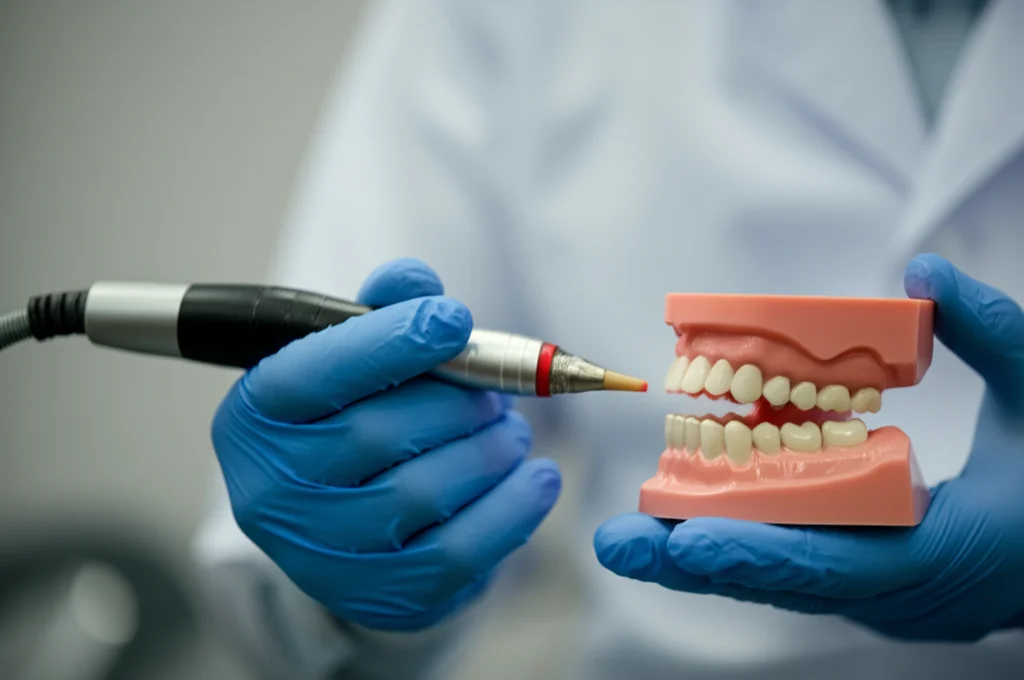 Ritratto professionale di un dentista che utilizza un manipolo laser odontoiatrico Nd:YAG su un modello dentale dimostrativo, focus sul fascio di luce laser rosso visibile, profondità di campo ridotta per isolare il soggetto, obiettivo 50mm prime, illuminazione da studio controllata e professionale, sfondo neutro sfocato.