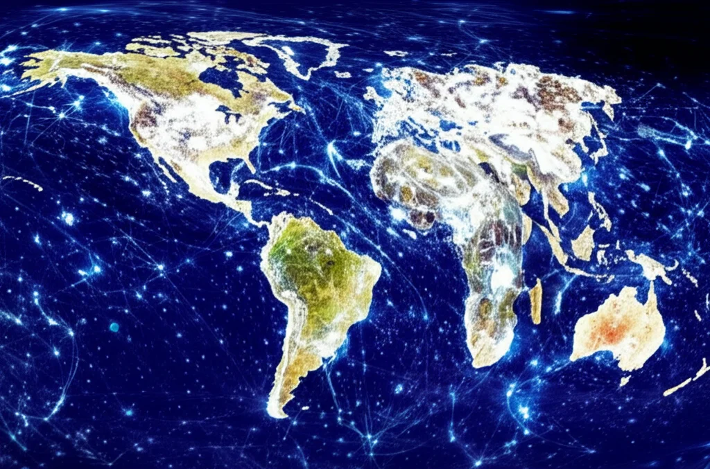 Una mappa del mondo astratta con confini luminosi e incerti che si espandono e contraggono attorno a diverse aree, simboleggiando l'incertezza su chi includere nel cerchio della giustizia, fotografia concettuale, vista dall'alto, illuminazione drammatica, high detail.