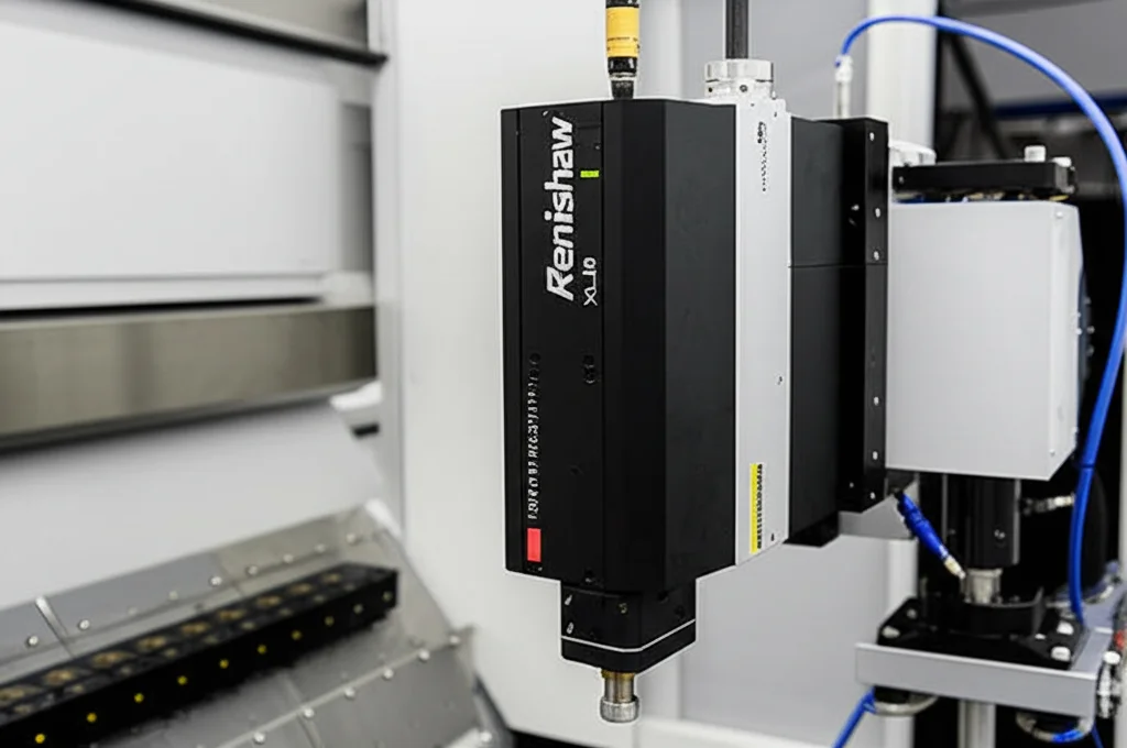 Immagine fotorealistica di un interferometro laser Renishaw XL-80 che misura la precisione di un asse di una macchina utensile high-tech in un ambiente di laboratorio pulito, obiettivo prime 35mm, profondità di campo, illuminazione controllata che evidenzia i riflessi sul metallo.