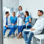 Immagine fotorealistica di un moderno ambulatorio medico con aria visibilmente pulita e luminosa, un discreto sensore IoT montato a parete, pazienti e personale sanitario rilassati sullo sfondo sfocato, obiettivo prime 35mm, profondità di campo, luce naturale.