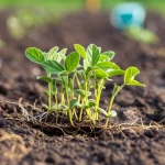 Macro fotografia, obiettivo 100mm, di un apparato radicale sano di una piantina di soia che prospera in condizioni di terreno difficili, simboleggiando la resilienza allo stress abiotico come salinità o metalli, alta definizione, messa a fuoco precisa, illuminazione controllata.