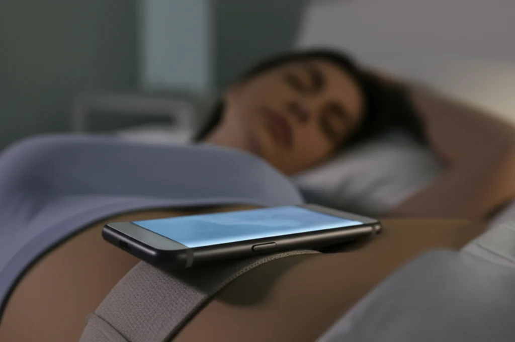 Smartphone posizionato sull'addome di una persona che dorme a letto, assicurato da una fascia. Luce notturna soffusa, focus sul dispositivo e sulla sua posizione. Obiettivo prime 35mm, profondità di campo per isolare il soggetto.