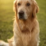 Un cane anziano di razza Golden Retriever, con il pelo ingrigito intorno al muso, guarda dolcemente verso l'obiettivo. È seduto su un prato verde, illuminato dalla luce calda del tardo pomeriggio. Stile ritratto, obiettivo 50mm, profondità di campo ridotta per mettere a fuoco il cane e sfocare lo sfondo, atmosfera serena e affettuosa.