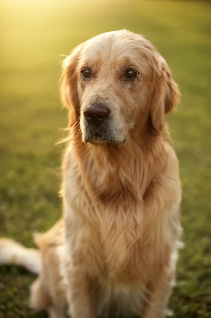 Un cane anziano di razza Golden Retriever, con il pelo ingrigito intorno al muso, guarda dolcemente verso l'obiettivo. È seduto su un prato verde, illuminato dalla luce calda del tardo pomeriggio. Stile ritratto, obiettivo 50mm, profondità di campo ridotta per mettere a fuoco il cane e sfocare lo sfondo, atmosfera serena e affettuosa.