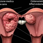 Visualizzazione medica comparativa di un'ovaia sana e una con cisti endometriosica, affiancate, con dettagli anatomici chiari, stile macro lens 100mm, alta definizione, illuminazione da studio.