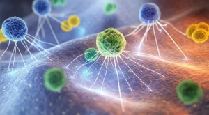 Immagine concettuale fotorealistica del sequenziamento dell'RNA a singola cellula (scRNA-seq) applicato al microcitoma polmonare a piccole cellule (SCLC). Visualizzazione 3D di cellule eterogenee (tumorali blu, immunitarie verdi, stromali gialle) all'interno di una struttura simile a un tessuto polmonare, con filamenti luminosi simili a RNA che emergono da ciascuna cellula. Macro lens, 70mm, profondità di campo accentuata per mettere a fuoco alcune cellule in primo piano, illuminazione high-tech con tonalità blu e arancione duotone per un look scientifico avanzato, alta definizione.