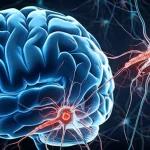 Immagine concettuale fotorealistica, obiettivo 35mm, profondità di campo, che mostra cellule immunitarie stilizzate (bianche e blu) che interagiscono con neuroni danneggiati (con filamenti rossi interni a simboleggiare aggregati proteici) su uno sfondo astratto e scuro del cervello, simboleggiando il legame complesso tra autoimmunità e neurodegenerazione.
