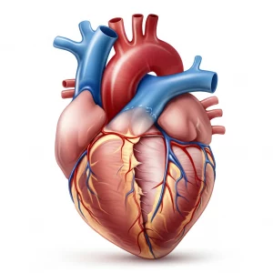 Immagine fotorealistica di un cuore umano stilizzato, metà sano e vibrante, metà mostrante segni di ipertrofia e fibrosi. Luce drammatica che evidenzia il contrasto. Lente prime 50mm, profondità di campo ridotta per focalizzare sulla transizione.