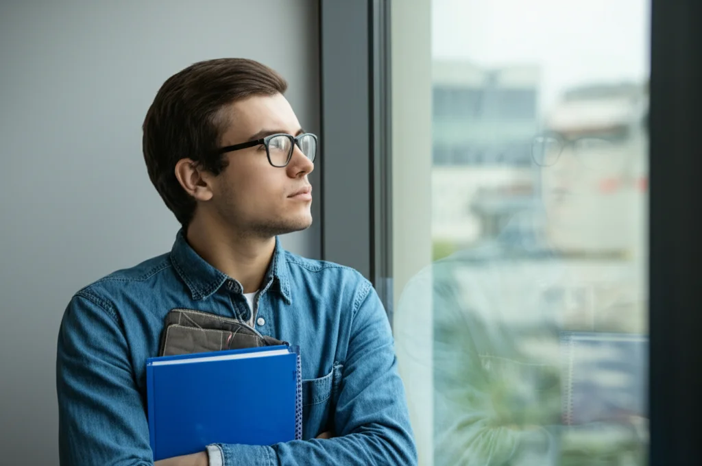 Primo piano fotografico di uno studente universitario, forse proveniente da un percorso VET, che guarda fuori da una finestra del campus con espressione pensierosa e leggermente stanca, simboleggiando il mix di stress accademico e speranza. Obiettivo 50mm, luce naturale morbida, profondità di campo media che sfoca leggermente lo sfondo del campus.