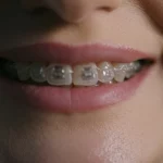 Primo piano stile ritratto, 35mm, di un sorriso parzialmente visibile con allineatori trasparenti indossati, focus sulla linea del sorriso inferiore (curva di Spee), luce naturale morbida, profondità di campo che sfoca leggermente lo sfondo.