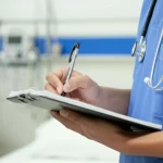 Primo piano sulle mani di uno studente infermiere che scrive riflessioni in un quaderno durante un tirocinio clinico, sfondo leggermente sfocato di un ambiente ospedaliero con letti e attrezzature, obiettivo macro 60mm, illuminazione controllata e morbida, alta definizione dei dettagli della scrittura e della carta.