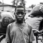 Ritratto di un giovane raccoglitore di rifiuti triciclo a Kumasi, Ghana, in piedi accanto al suo veicolo carico di sacchi. Obiettivo 35mm, stile fotogiornalistico, luce naturale del mattino, espressione seria ma dignitosa, sfondo leggermente sfocato che mostra una strada sterrata e abitazioni informali. Bianco e nero, grana fine, profondità di campo media.