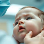 Ritratto fotografico di un bambino piccolo che respira con un leggero sforzo, assistito da un medico pediatra in un ambiente clinico luminoso, obiettivo 35mm, profondità di campo ridotta per focalizzare sul bambino, toni duo blu e grigio per un'atmosfera calma.