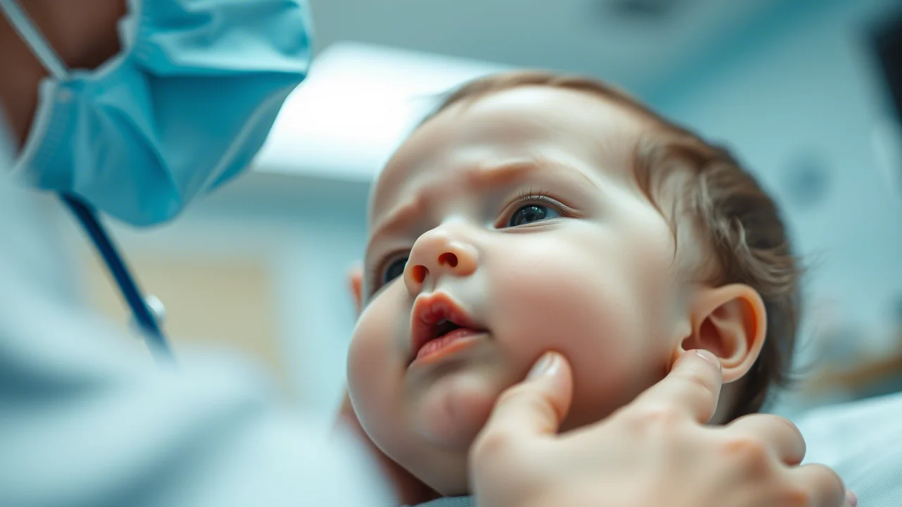 Ritratto fotografico di un bambino piccolo che respira con un leggero sforzo, assistito da un medico pediatra in un ambiente clinico luminoso, obiettivo 35mm, profondità di campo ridotta per focalizzare sul bambino, toni duo blu e grigio per un'atmosfera calma.