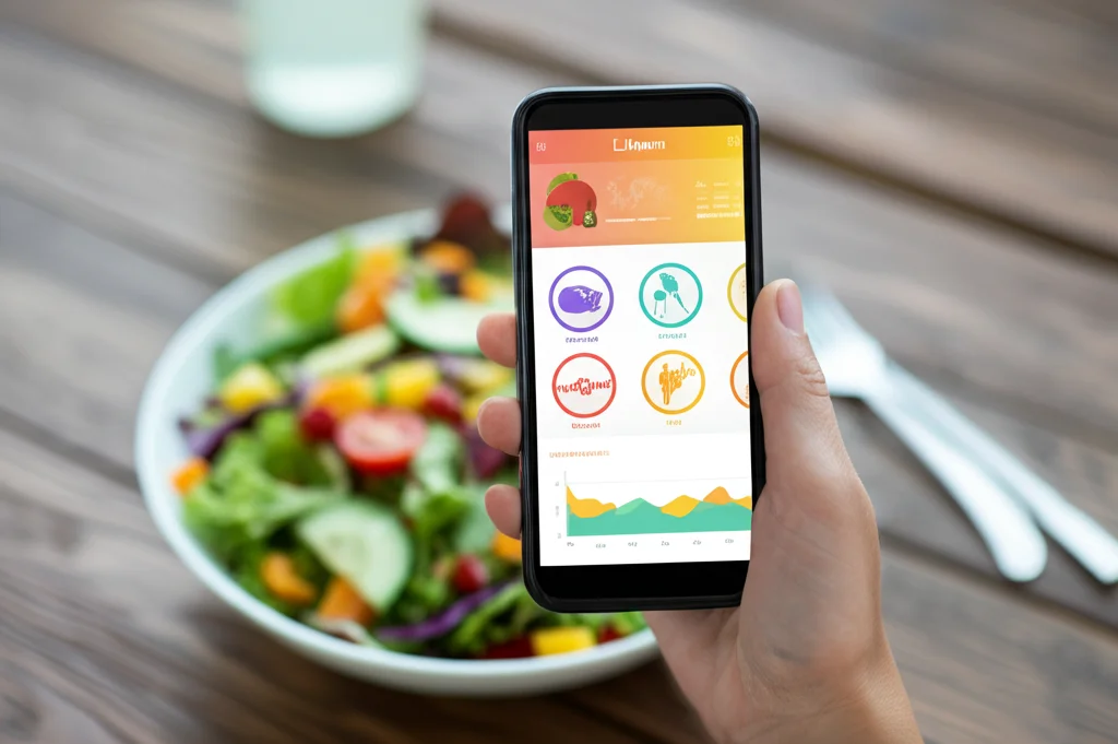 Smartphone che mostra l'interfaccia dell'app Lifesum con grafici nutrizionali colorati e icone di cibo, tenuto in mano da una persona davanti a un piatto di insalata fresca e appetitosa. Fotografia still life, obiettivo macro 85mm, alta definizione, illuminazione naturale morbida che crea un'atmosfera salutare e invitante.