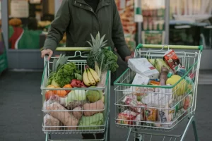 Una persona adulta indecisa davanti a due carrelli della spesa: uno pieno di frutta, verdura e cibi freschi, l'altro pieno di snack confezionati, bibite gassate e cibi pronti ultra-processati. Prime lens, 35mm portrait, depth of field, luce naturale morbida che illumina la scena.