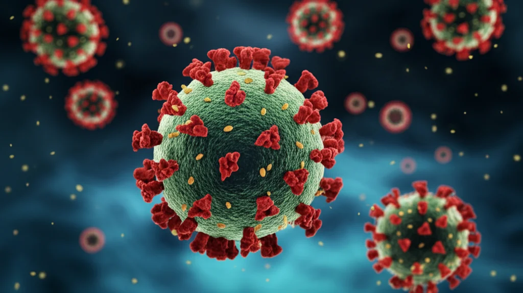 Visualizzazione 3D del virus Sikamat (PRV7S) che attacca una cellula leucemica; rendering fotorealistico ad alto dettaglio, illuminazione drammatica, stile scientifico, colori contrastanti.