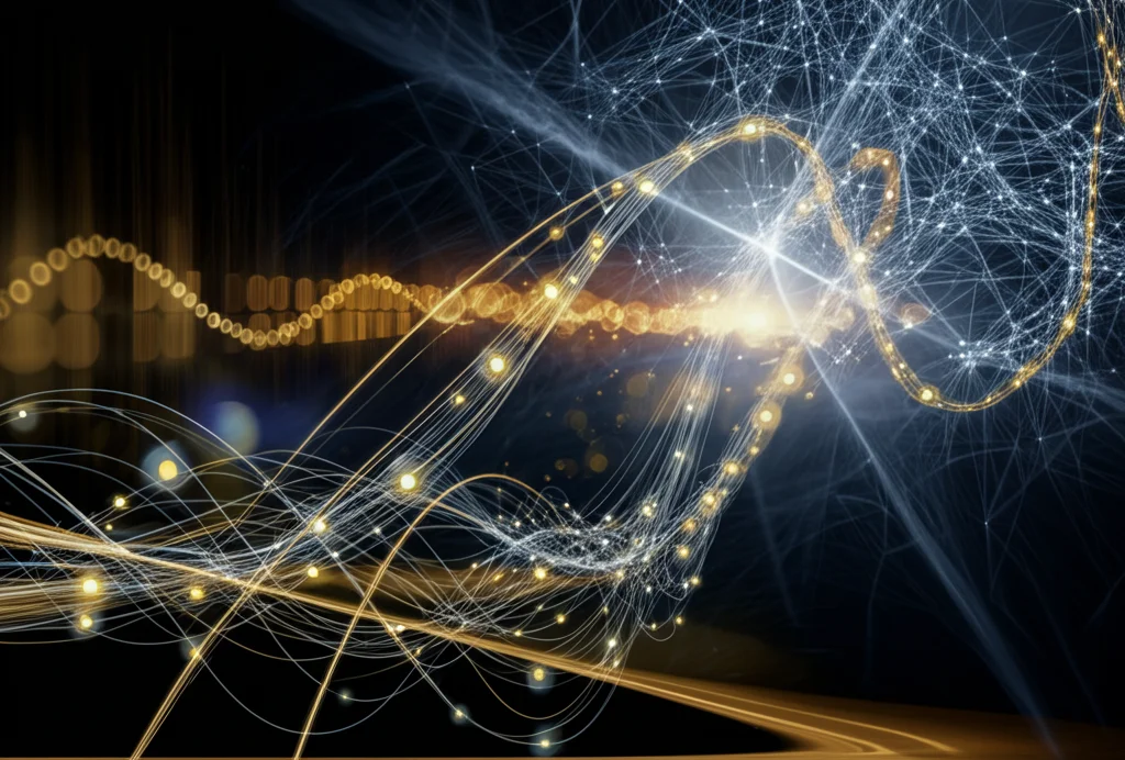 Visualizzazione artistica di dati longitudinali sulla salute che si trasformano in un percorso di vita illuminato e complesso, con elementi astratti di intelligenza artificiale (reti neurali) sullo sfondo, obiettivo prime 50mm, profondità di campo ridotta, toni blu e oro duotone.