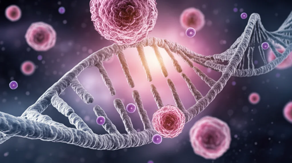 Visualizzazione astratta e dettagliata di una doppia elica di DNA che si intreccia con cellule immunitarie stilizzate (linfociti T) e cellule tumorali del seno rosa, sfondo scuro e sfocato, illuminazione drammatica laterale che evidenzia le texture, Lente Macro 100mm, alta definizione, messa a fuoco selettiva sul punto di interazione.