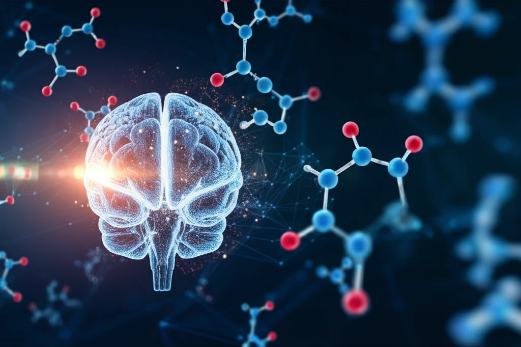 Visualizzazione concettuale fotorealistica dell'intelligenza artificiale che analizza reti complesse di interazioni farmacologiche per la ricerca sul cancro al pancreas. Un cervello digitale luminoso proietta connessioni tra molecole stilizzate su uno sfondo scuro high-tech. Lente prime 35mm, profondità di campo ridotta per focalizzare sull'interazione AI-molecole.