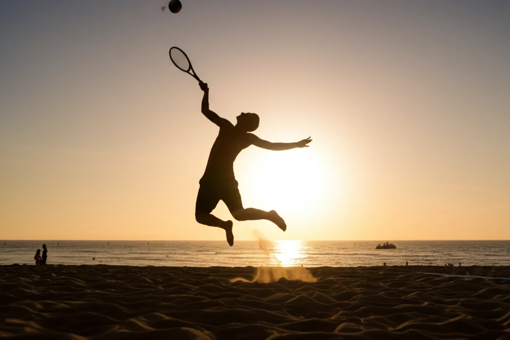 Azione dinamica di una partita di beach tennis al tramonto. Si vede la silhouette di un giocatore che salta per colpire la palla sopra la testa, con il braccio e la spalla estesi. La luce calda del sole al tramonto crea un'atmosfera suggestiva sulla spiaggia. Obiettivo grandangolare 24mm, velocità dell'otturatore elevata per catturare il movimento, tracciamento del movimento, illuminazione dorata.