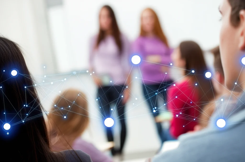 Fotografia di ritratto di gruppo di studenti universitari che interagiscono in un'aula o campus, alcuni più vicini, altri più distanti, con leggere sovrapposizioni grafiche di connessioni sociali tra loro. Obiettivo prime 35mm, profondità di campo media per mantenere a fuoco il gruppo principale ma sfocare leggermente lo sfondo, luce naturale morbida.